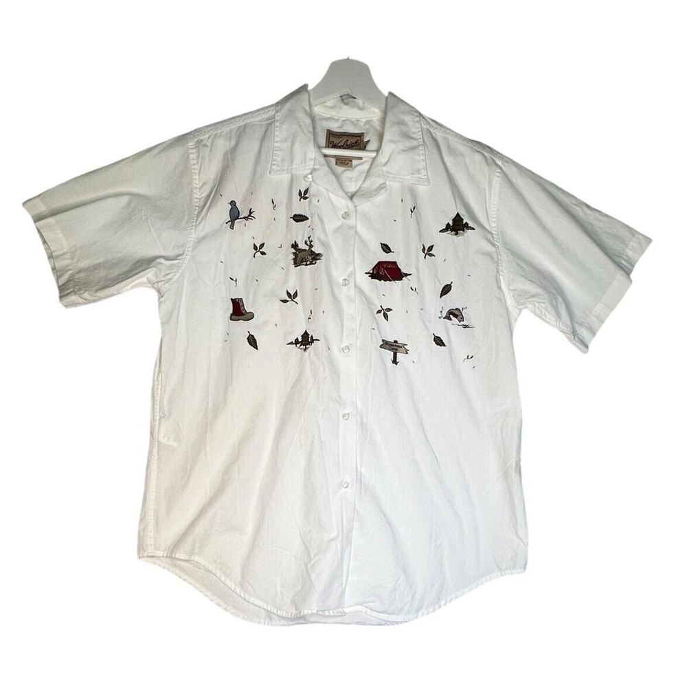 Vintage Woolrich Womens Embroidered Short Sleeve Button Shirt Hiking Camping L
